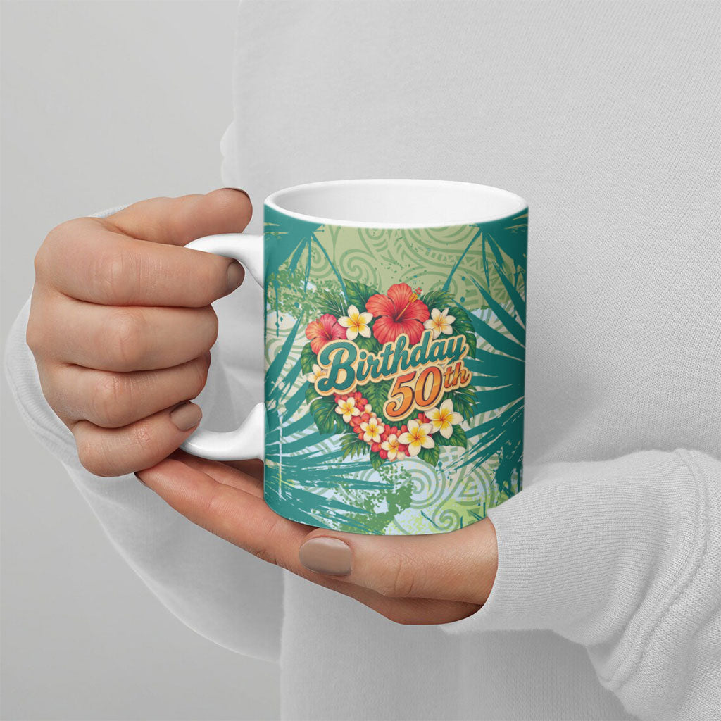 Personalized Polynesia 50th Birthday Ceramic Mug Vintage Hawaiian Floral Ukulele Tropical Sunset Art