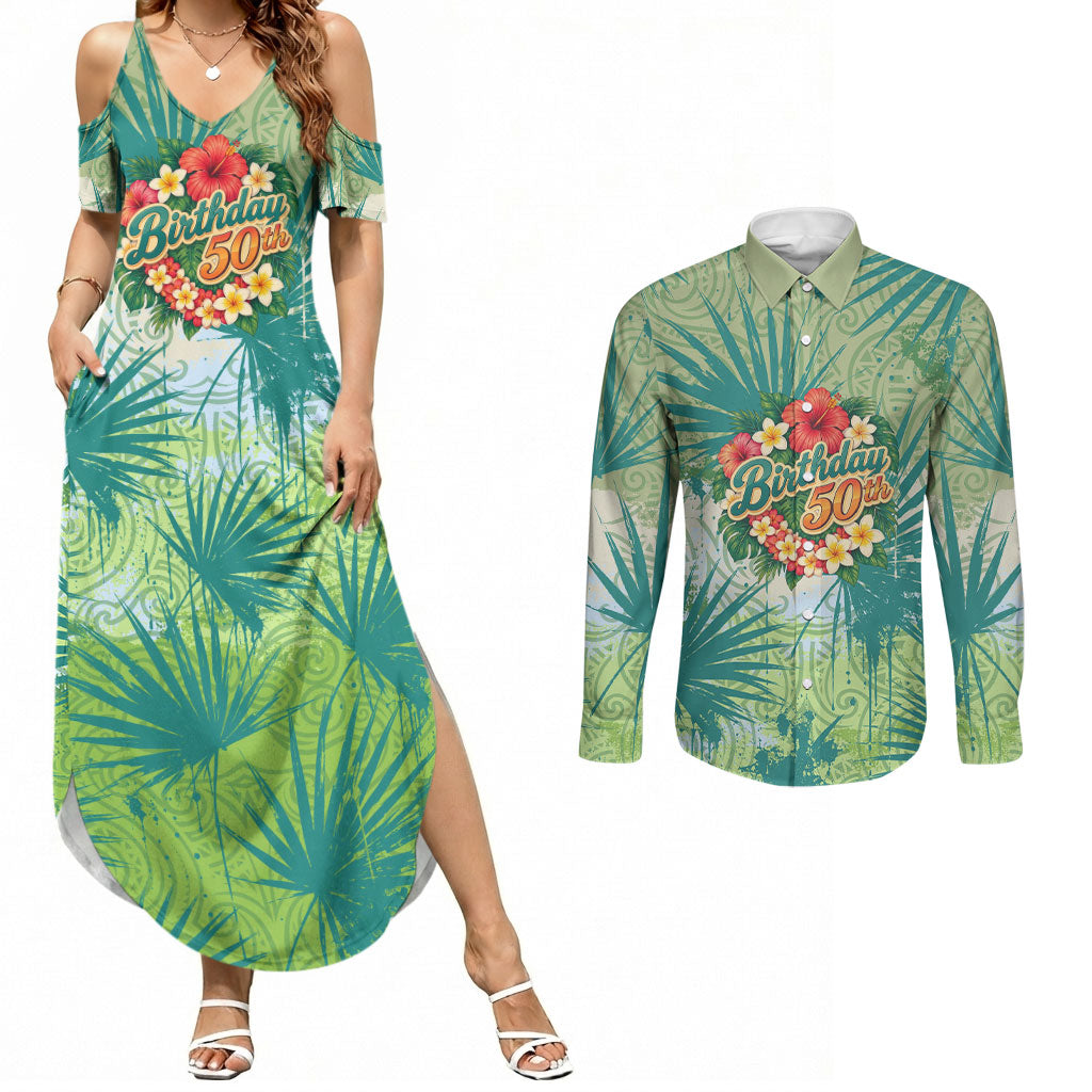 Personalized Polynesia 50th Birthday Couples Matching Summer Maxi Dress and Long Sleeve Button Shirt Vintage Hawaiian Floral Ukulele Tropical Sunset Art TS04 Green - Polynesian Pride