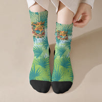 Personalized Polynesia 50th Birthday Crew Socks Vintage Hawaiian Floral Ukulele Tropical Sunset Art