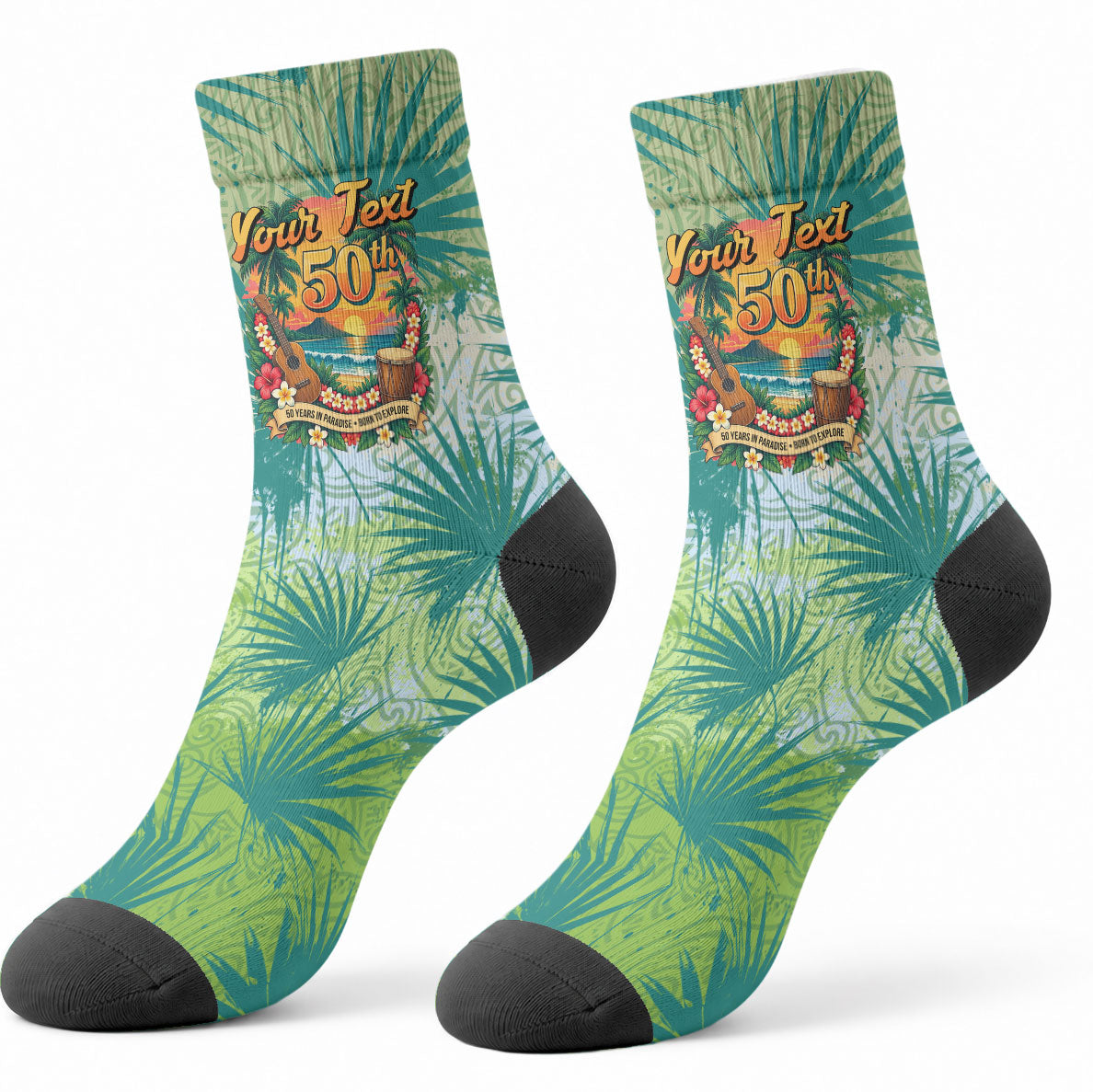 Personalized Polynesia 50th Birthday Crew Socks Vintage Hawaiian Floral Ukulele Tropical Sunset Art