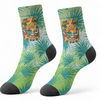 Personalized Polynesia 50th Birthday Crew Socks Vintage Hawaiian Floral Ukulele Tropical Sunset Art