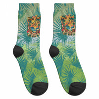 Personalized Polynesia 50th Birthday Crew Socks Vintage Hawaiian Floral Ukulele Tropical Sunset Art