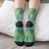 Personalized Polynesia 50th Birthday Crew Socks Vintage Hawaiian Floral Ukulele Tropical Sunset Art