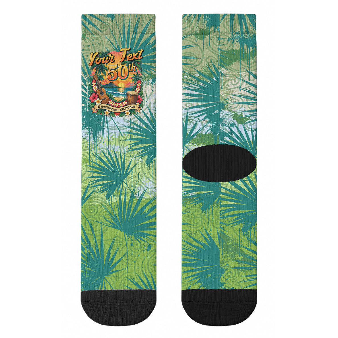 Personalized Polynesia 50th Birthday Crew Socks Vintage Hawaiian Floral Ukulele Tropical Sunset Art