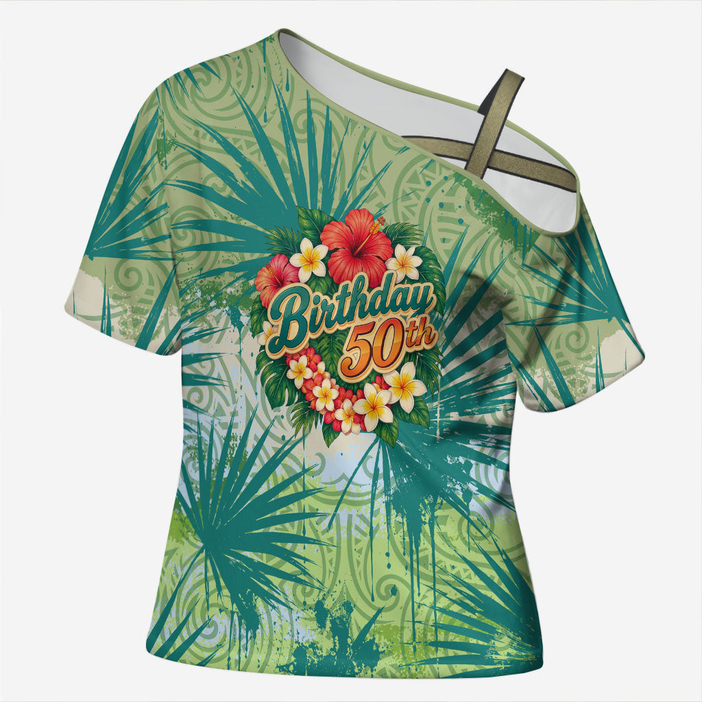 Personalized Polynesia 50th Birthday Cross Shoulder Shirt Vintage Hawaiian Floral Ukulele Tropical Sunset Art
