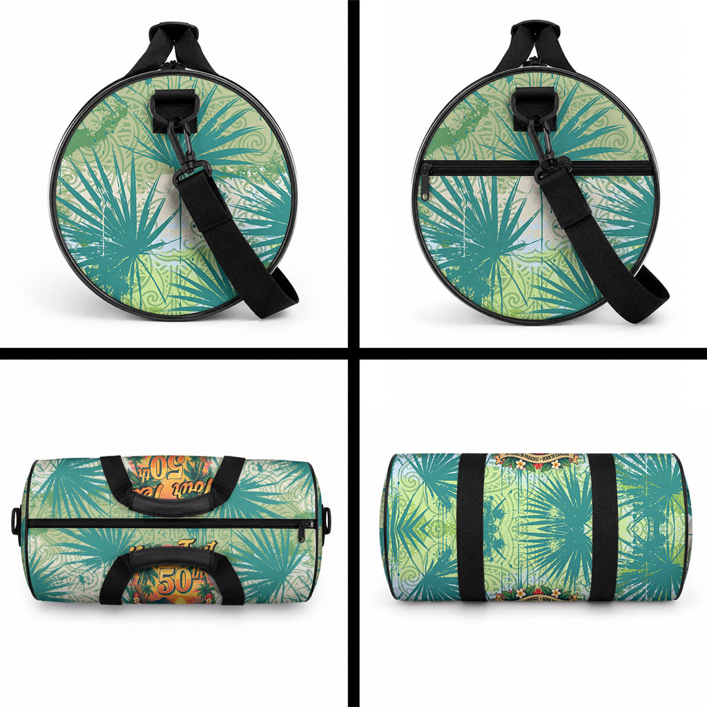 Personalized Polynesia 50th Birthday Duffle Bag Vintage Hawaiian Floral Ukulele Tropical Sunset Art