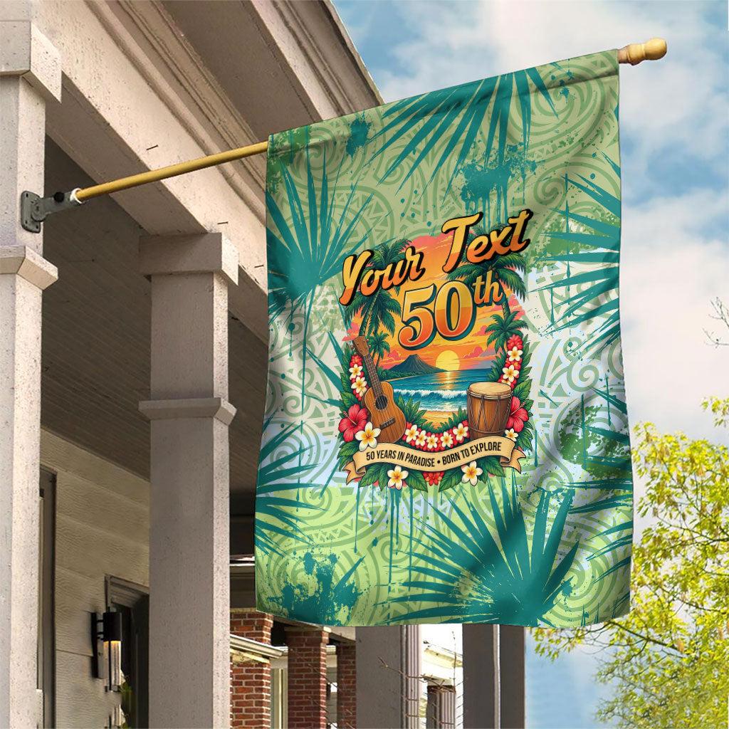 Personalized Polynesia 50th Birthday Garden Flag Vintage Hawaiian Floral Ukulele Tropical Sunset Art