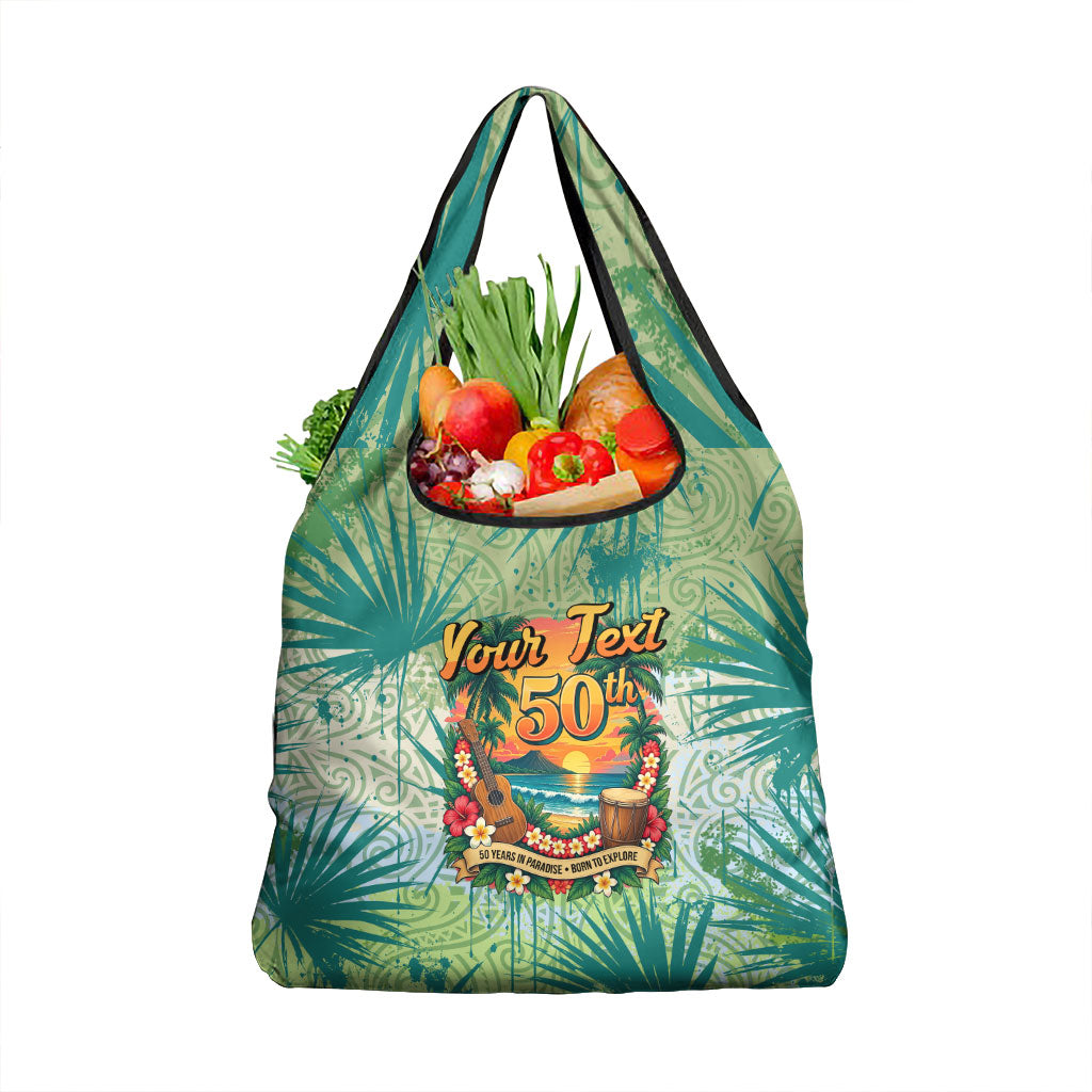 Personalized Polynesia 50th Birthday Grocery Bag Vintage Hawaiian Floral Ukulele Tropical Sunset Art