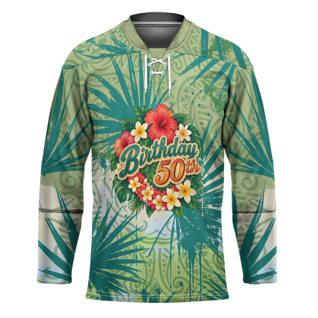 Personalized Polynesia 50th Birthday Hockey Jersey Vintage Hawaiian Floral Ukulele Tropical Sunset Art