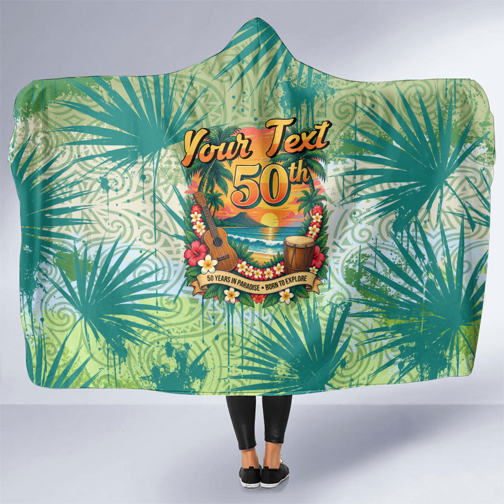 Personalized Polynesia 50th Birthday Hooded Blanket Vintage Hawaiian Floral Ukulele Tropical Sunset Art