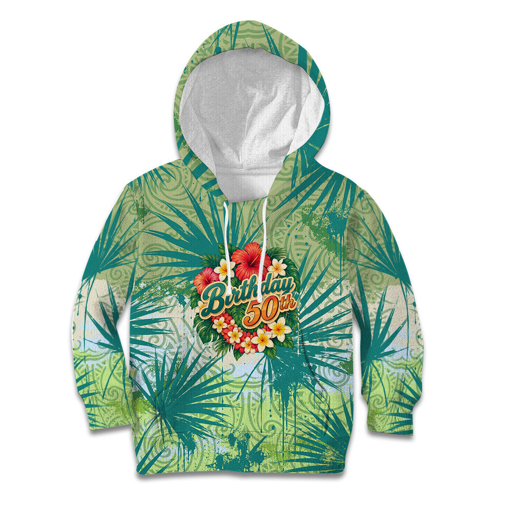 Personalized Polynesia 50th Birthday Kid Hoodie Vintage Hawaiian Floral Ukulele Tropical Sunset Art
