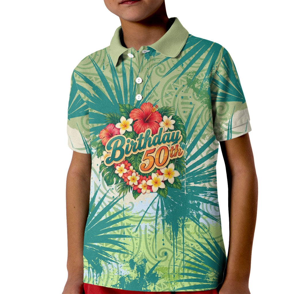 Personalized Polynesia 50th Birthday Kid Polo Shirt Vintage Hawaiian Floral Ukulele Tropical Sunset Art