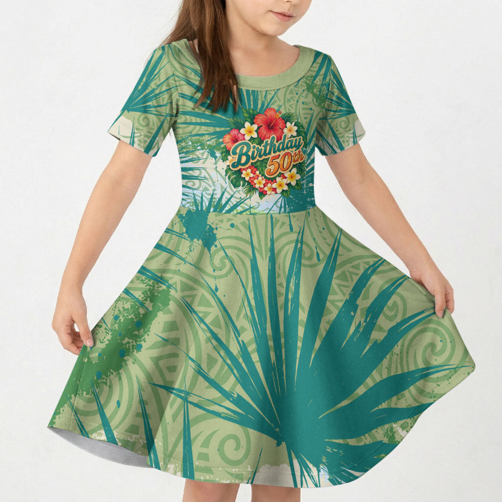 Personalized Polynesia 50th Birthday Kid Short Sleeve Dress Vintage Hawaiian Floral Ukulele Tropical Sunset Art