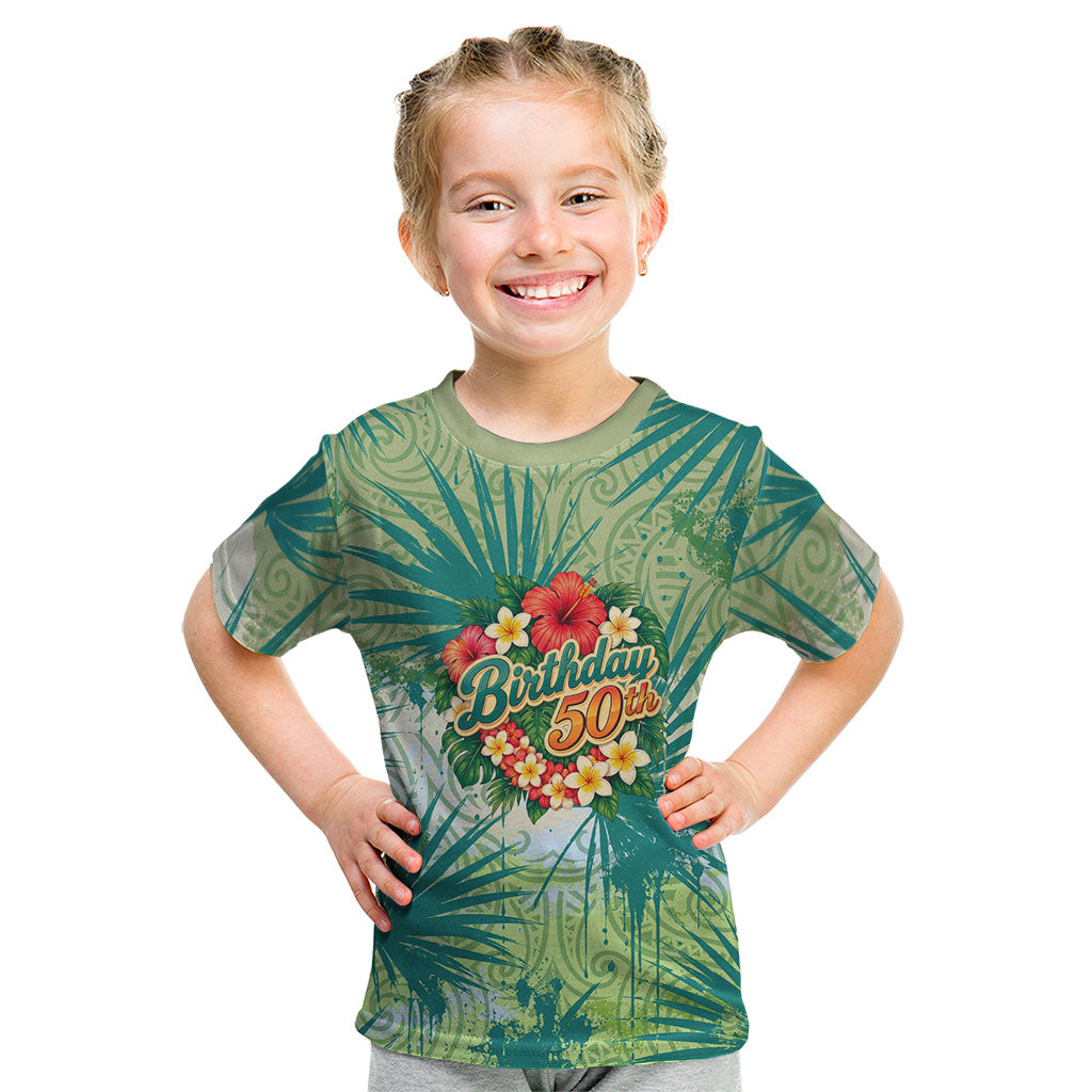 Personalized Polynesia 50th Birthday Kid T Shirt Vintage Hawaiian Floral Ukulele Tropical Sunset Art