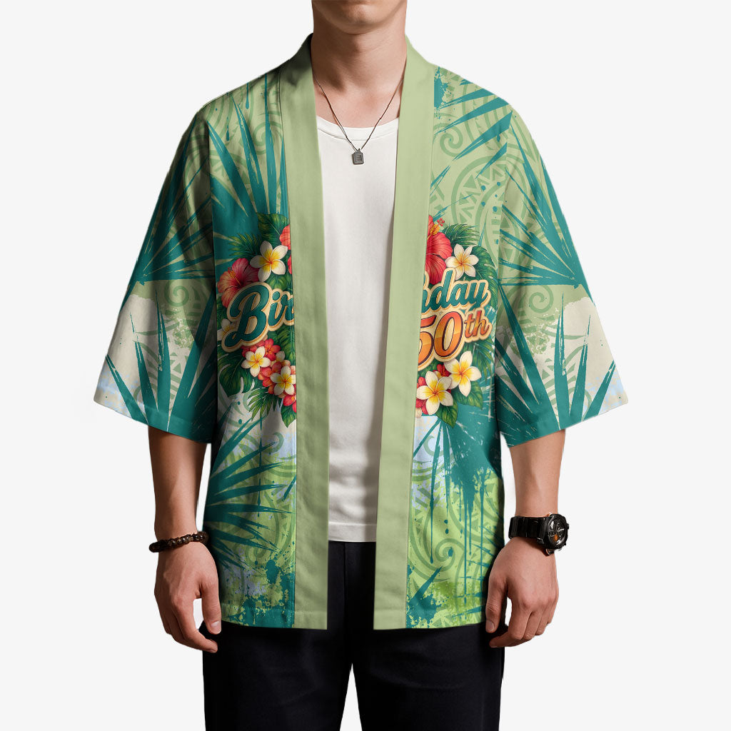 Personalized Polynesia 50th Birthday Kimono Vintage Hawaiian Floral Ukulele Tropical Sunset Art