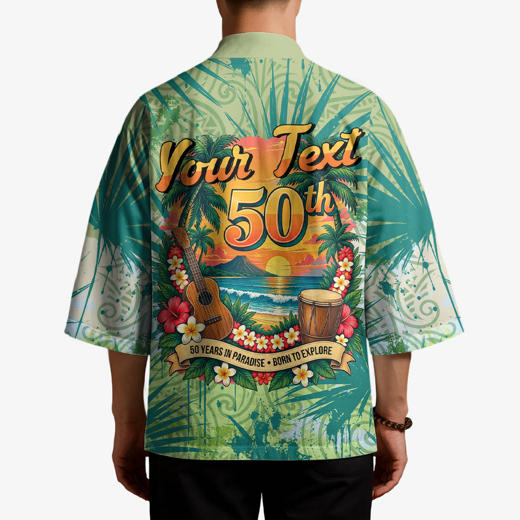 Personalized Polynesia 50th Birthday Kimono Vintage Hawaiian Floral Ukulele Tropical Sunset Art
