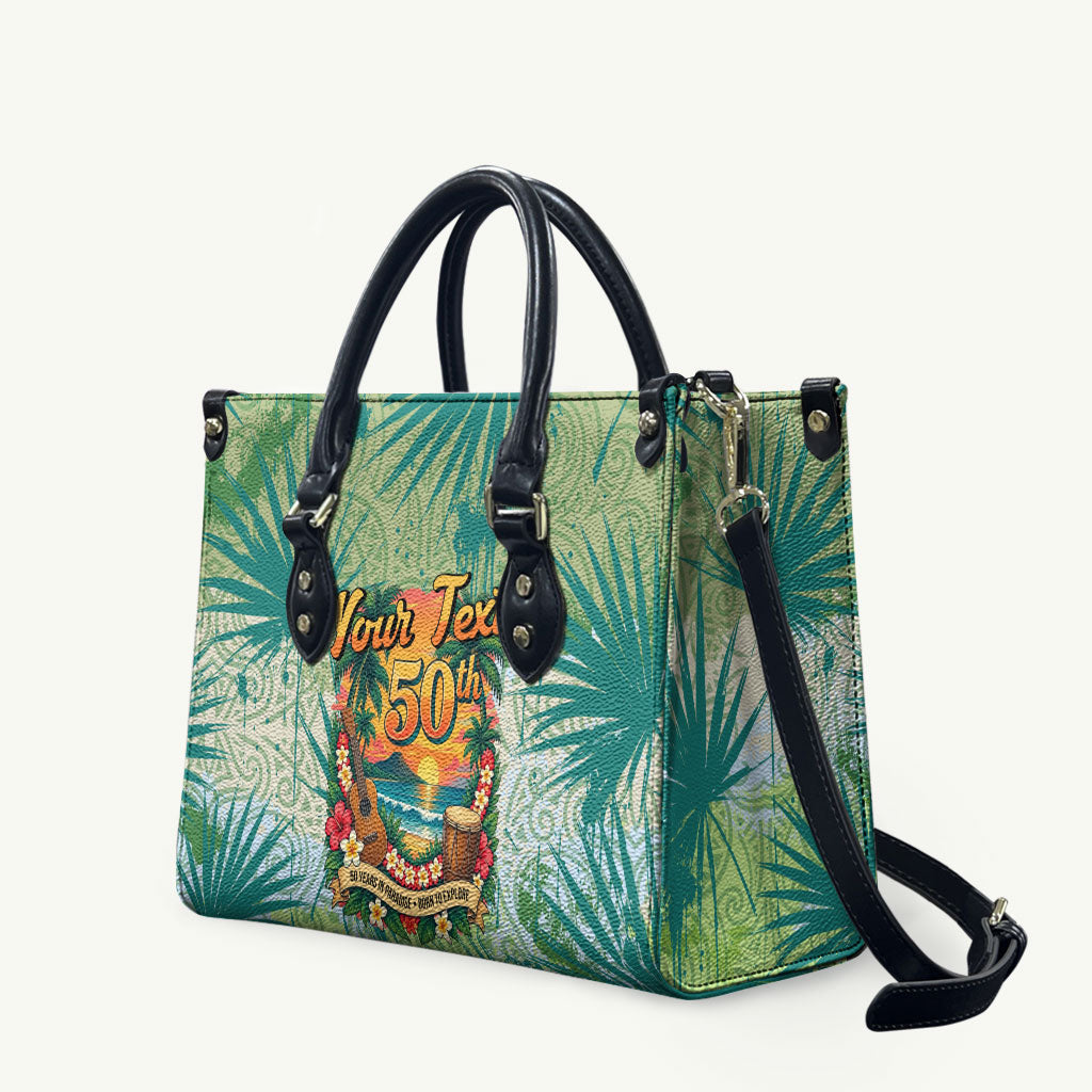 Personalized Polynesia 50th Birthday Leather Bag Vintage Hawaiian Floral Ukulele Tropical Sunset Art