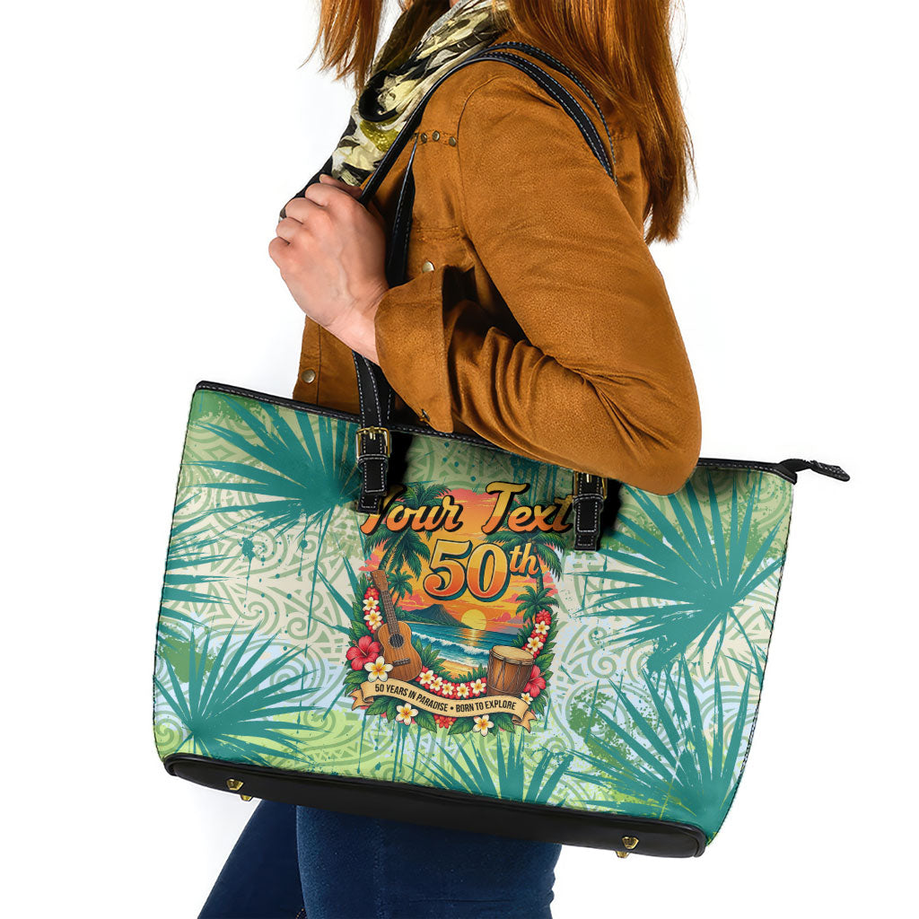Personalized Polynesia 50th Birthday Leather Tote Bag Vintage Hawaiian Floral Ukulele Tropical Sunset Art