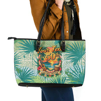 Personalized Polynesia 50th Birthday Leather Tote Bag Vintage Hawaiian Floral Ukulele Tropical Sunset Art TS04 - Polynesian Pride