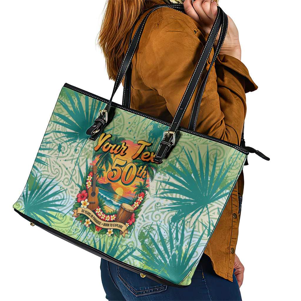 Personalized Polynesia 50th Birthday Leather Tote Bag Vintage Hawaiian Floral Ukulele Tropical Sunset Art TS04 - Polynesian Pride