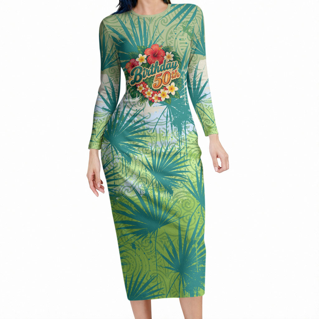 Personalized Polynesia 50th Birthday Long Sleeve Bodycon Dress Vintage Hawaiian Floral Ukulele Tropical Sunset Art