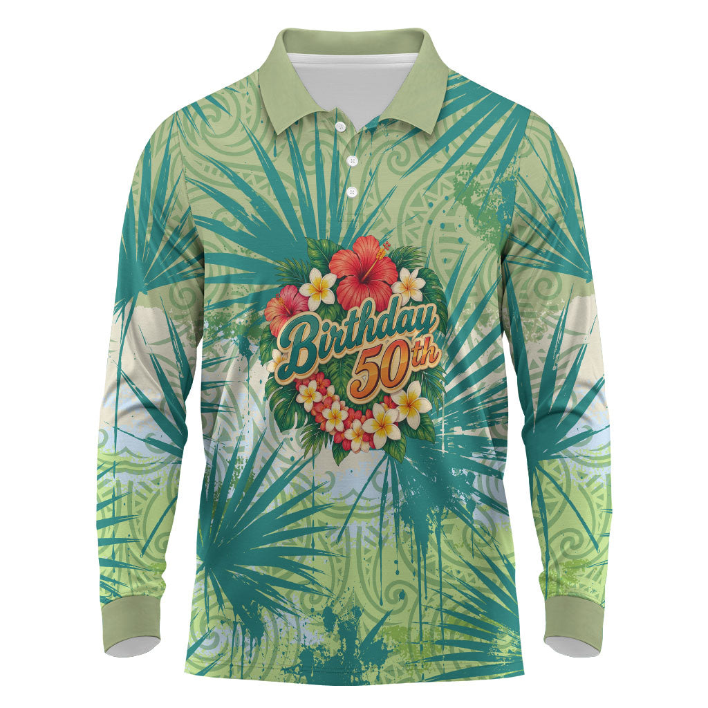Personalized Polynesia 50th Birthday Long Sleeve Polo Shirt Vintage Hawaiian Floral Ukulele Tropical Sunset Art TS04 Green - Polynesian Pride