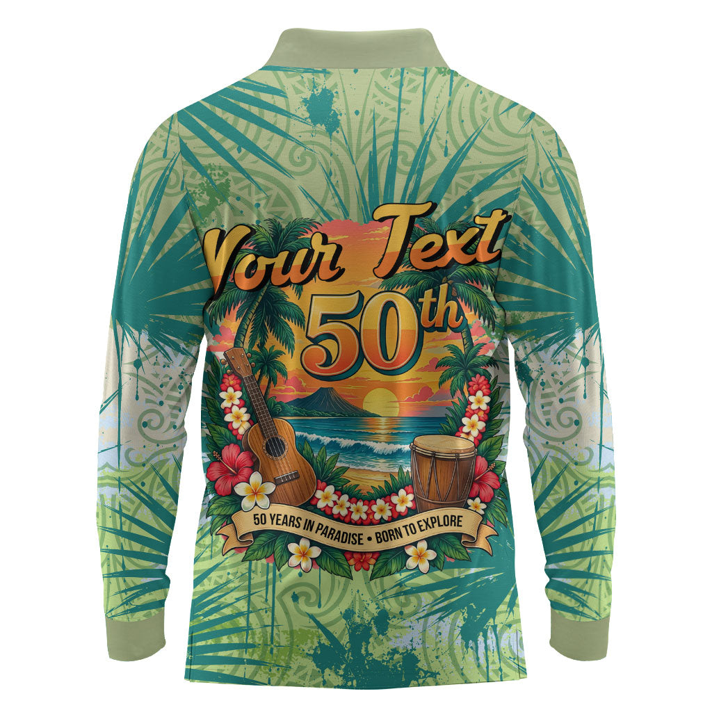 Personalized Polynesia 50th Birthday Long Sleeve Polo Shirt Vintage Hawaiian Floral Ukulele Tropical Sunset Art TS04 - Polynesian Pride