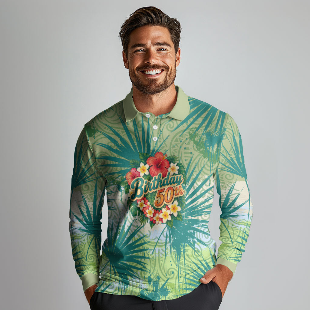 Personalized Polynesia 50th Birthday Long Sleeve Polo Shirt Vintage Hawaiian Floral Ukulele Tropical Sunset Art TS04 - Polynesian Pride