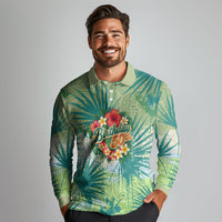 Personalized Polynesia 50th Birthday Long Sleeve Polo Shirt Vintage Hawaiian Floral Ukulele Tropical Sunset Art TS04 - Polynesian Pride