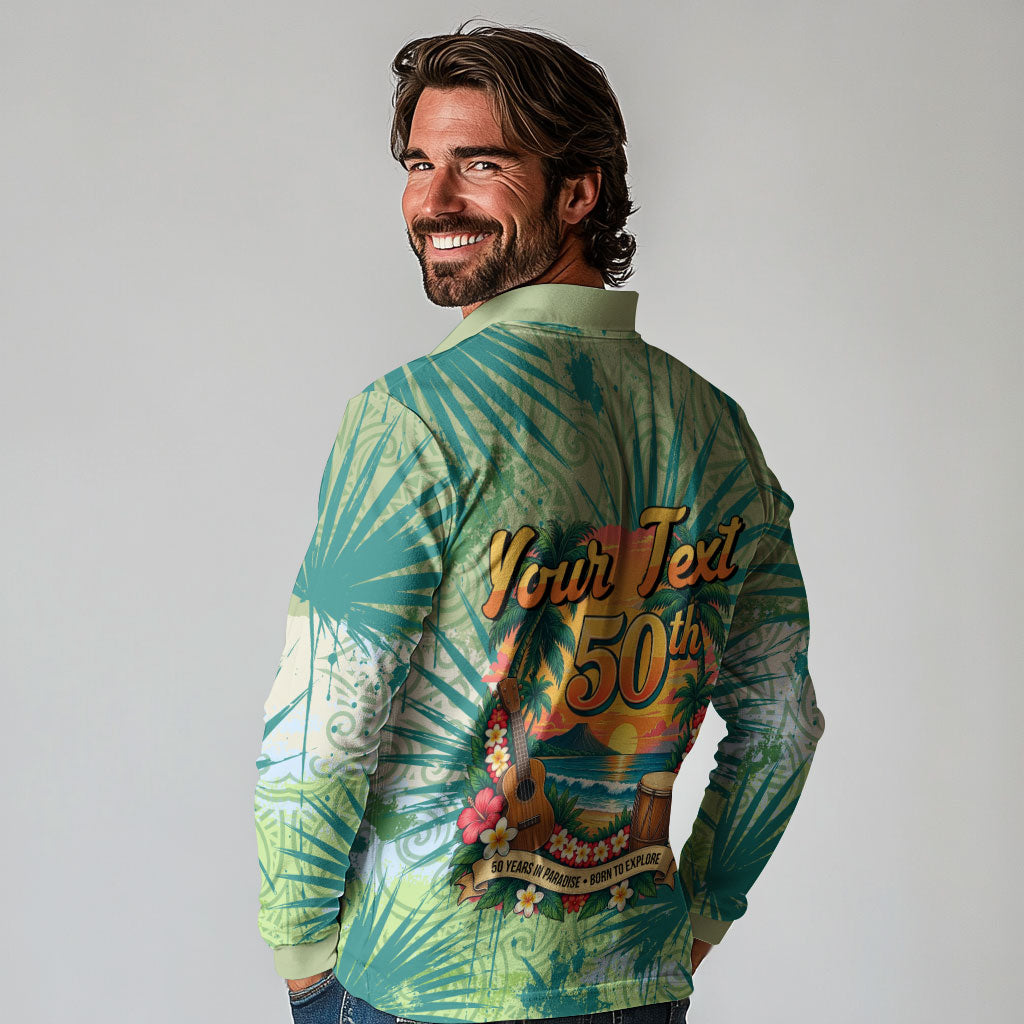 Personalized Polynesia 50th Birthday Long Sleeve Polo Shirt Vintage Hawaiian Floral Ukulele Tropical Sunset Art TS04 - Polynesian Pride
