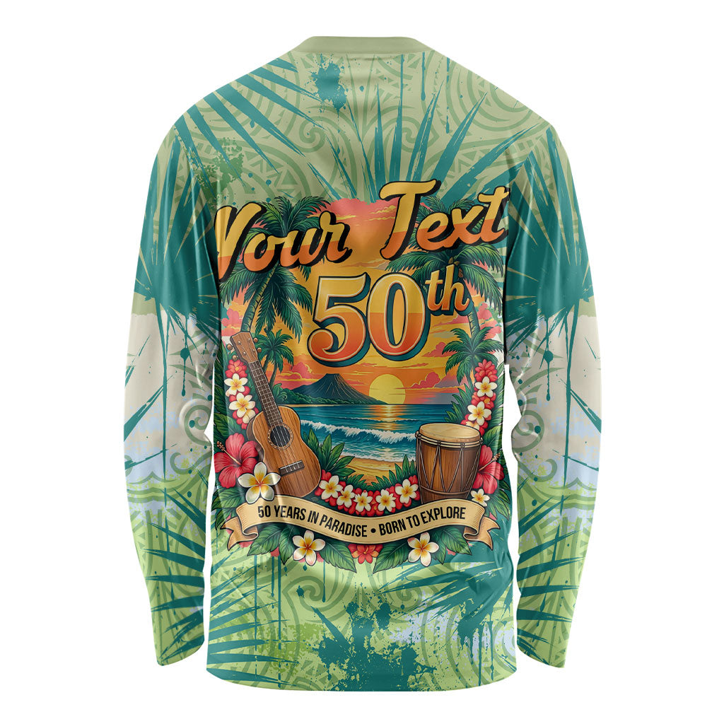 Personalized Polynesia 50th Birthday Long Sleeve Shirt Vintage Hawaiian Floral Ukulele Tropical Sunset Art TS04 - Polynesian Pride