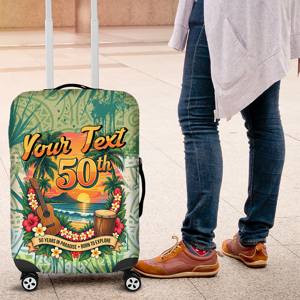 Personalized Polynesia 50th Birthday Luggage Cover Vintage Hawaiian Floral Ukulele Tropical Sunset Art TS04 Green - Polynesian Pride