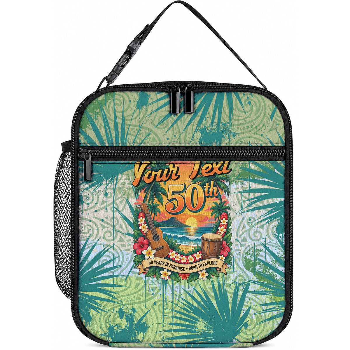 Personalized Polynesia 50th Birthday Lunch Bag Vintage Hawaiian Floral Ukulele Tropical Sunset Art
