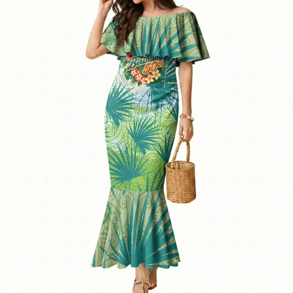 Personalized Polynesia 50th Birthday Mermaid Dress Vintage Hawaiian Floral Ukulele Tropical Sunset Art