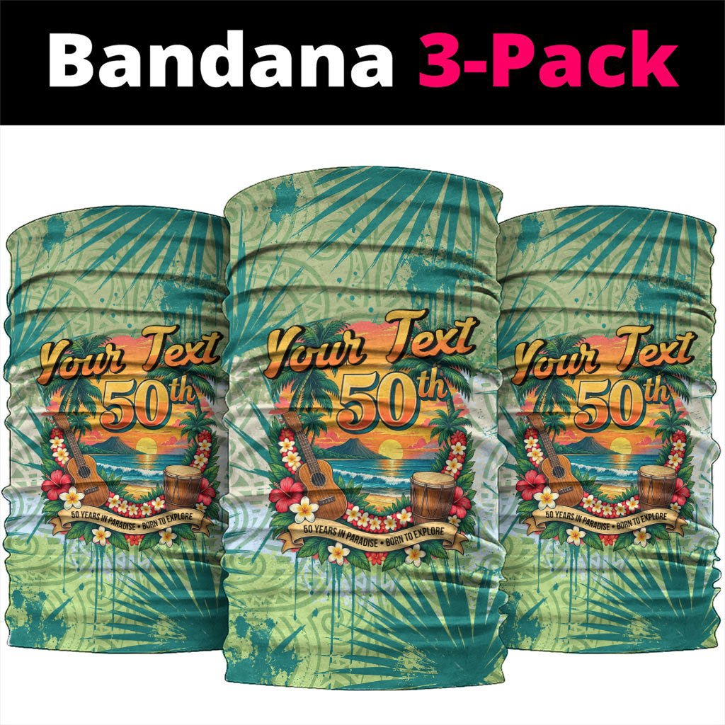 Personalized Polynesia 50th Birthday Neck Gaiter Vintage Hawaiian Floral Ukulele Tropical Sunset Art
