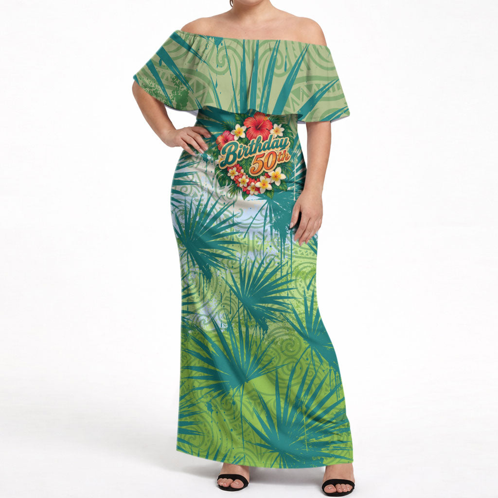 Personalized Polynesia 50th Birthday Off Shoulder Maxi Dress Vintage Hawaiian Floral Ukulele Tropical Sunset Art