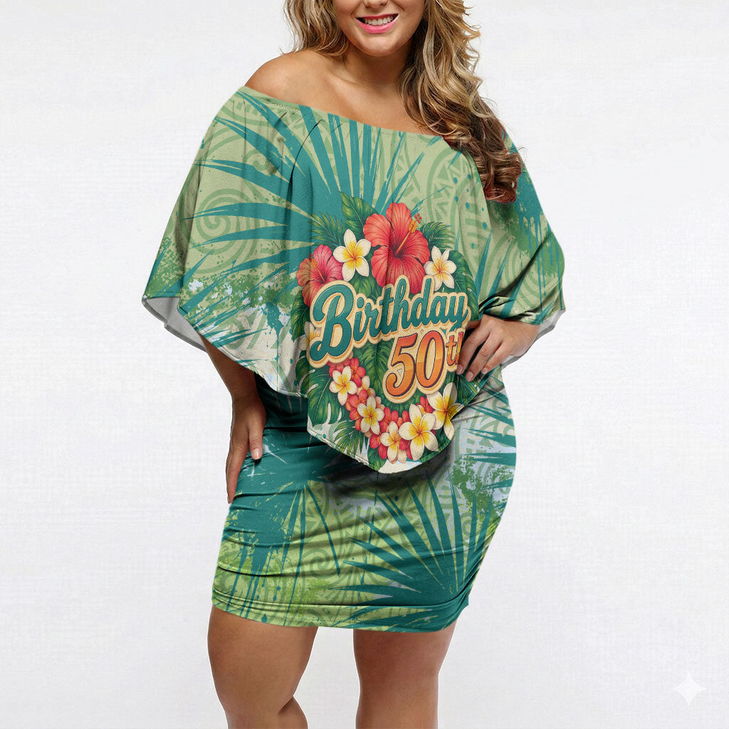 Personalized Polynesia 50th Birthday Off Shoulder Short Dress Vintage Hawaiian Floral Ukulele Tropical Sunset Art