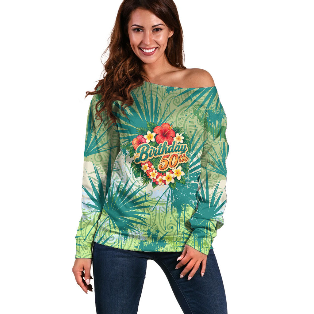 Personalized Polynesia 50th Birthday Off Shoulder Sweater Vintage Hawaiian Floral Ukulele Tropical Sunset Art TS04 Women Green - Polynesian Pride
