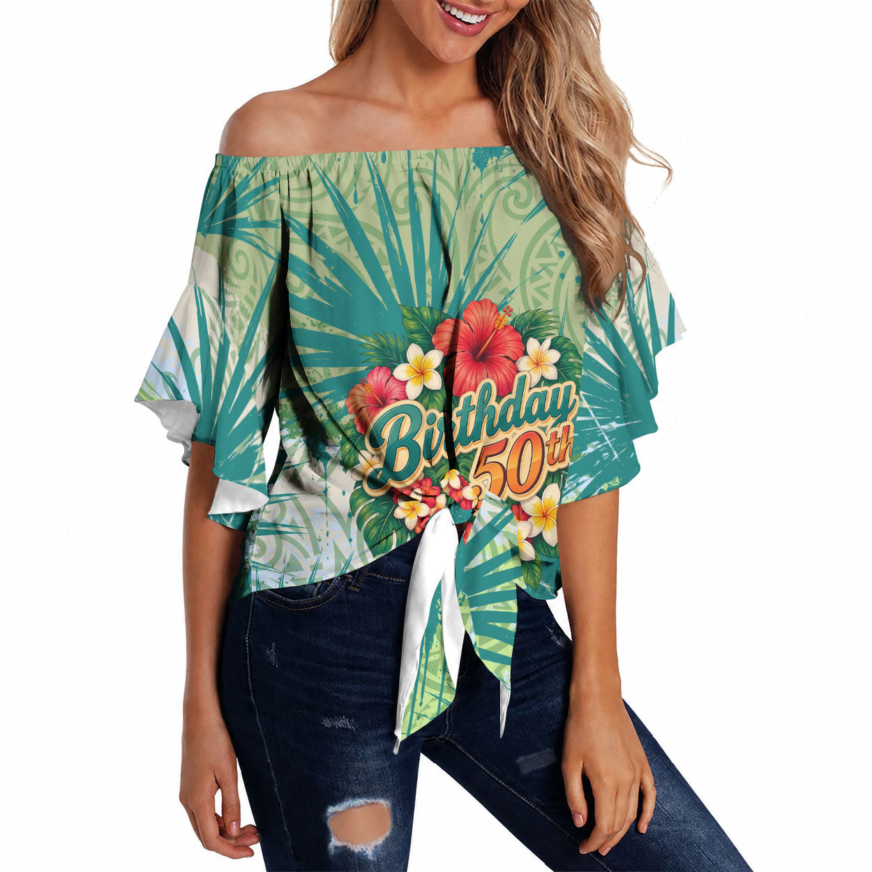 Personalized Polynesia 50th Birthday Off Shoulder Wrap Waist Top Vintage Hawaiian Floral Ukulele Tropical Sunset Art TS04 Green - Polynesian Pride