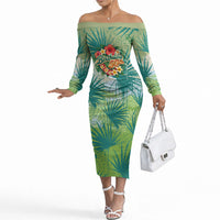Personalized Polynesia 50th Birthday Off The Shoulder Long Sleeve Dress Vintage Hawaiian Floral Ukulele Tropical Sunset Art TS04 Women Green - Polynesian Pride
