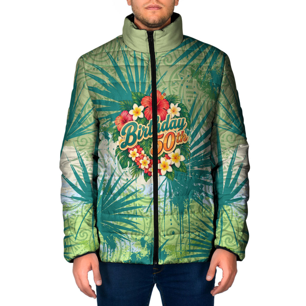 Personalized Polynesia 50th Birthday Padded Jacket Vintage Hawaiian Floral Ukulele Tropical Sunset Art