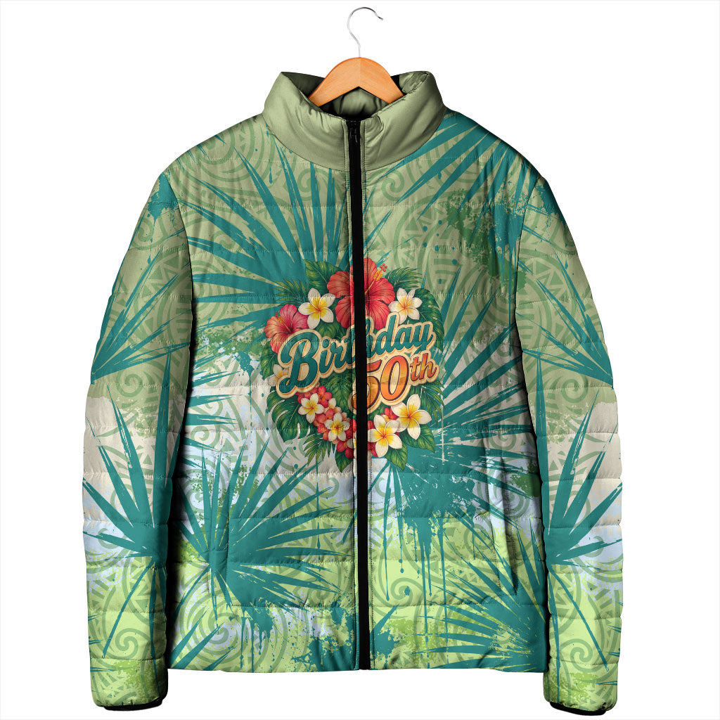 Personalized Polynesia 50th Birthday Padded Jacket Vintage Hawaiian Floral Ukulele Tropical Sunset Art