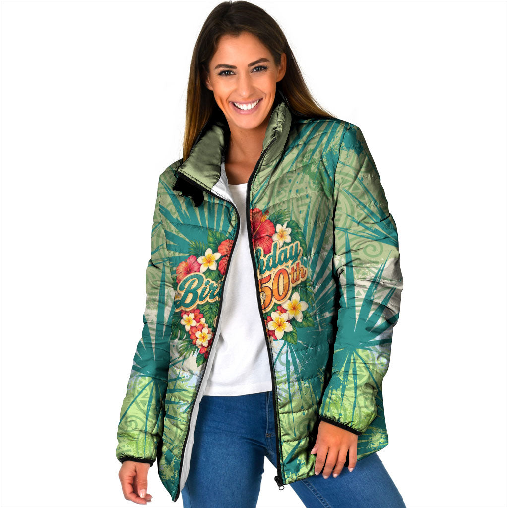 Personalized Polynesia 50th Birthday Padded Jacket Vintage Hawaiian Floral Ukulele Tropical Sunset Art