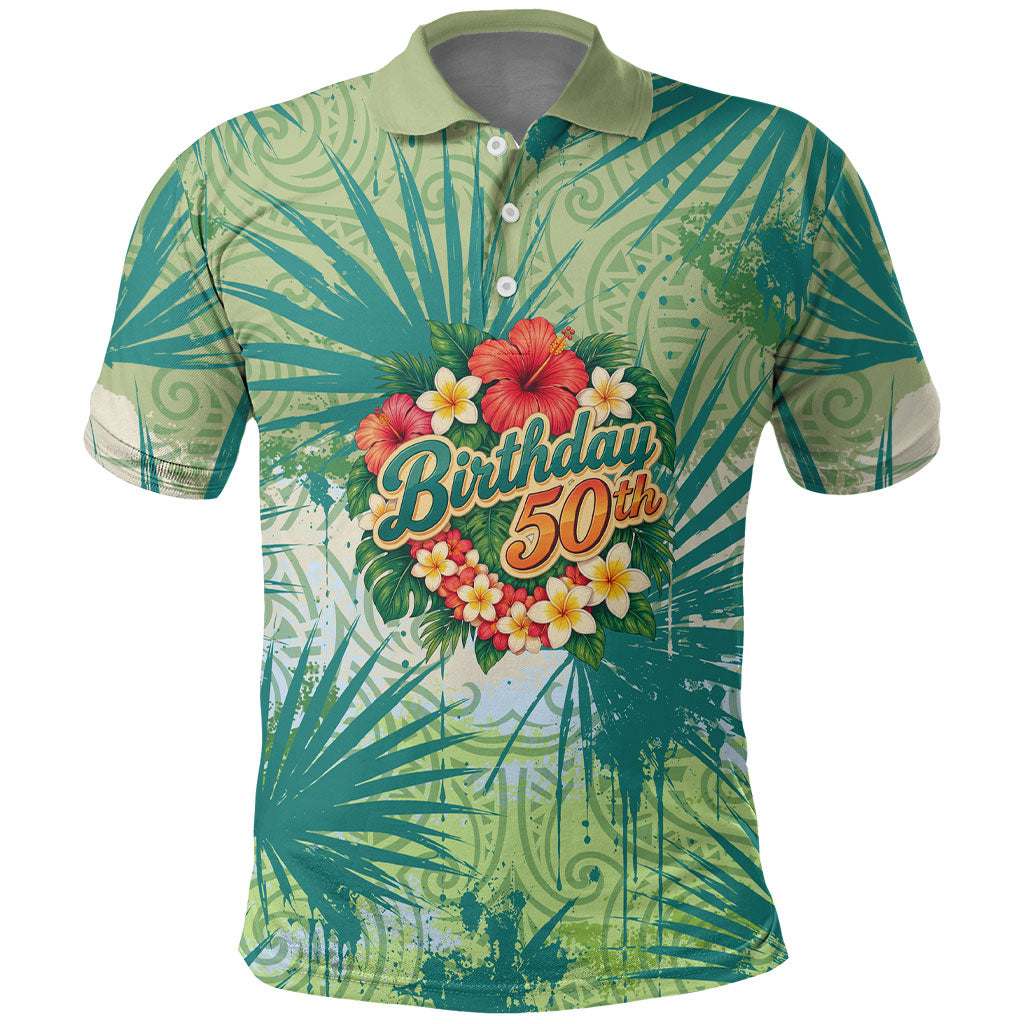 Personalized Polynesia 50th Birthday Polo Shirt Vintage Hawaiian Floral Ukulele Tropical Sunset Art