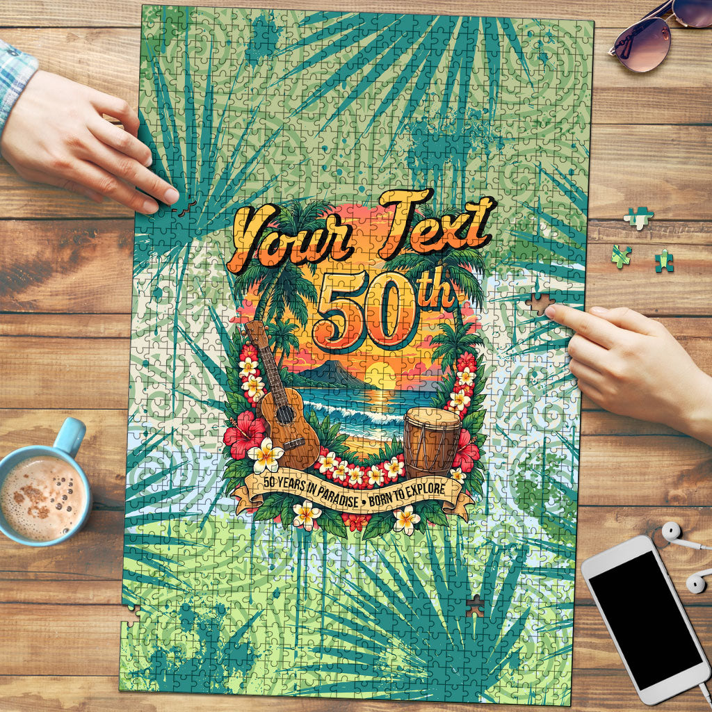 Personalized Polynesia 50th Birthday Puzzle Vintage Hawaiian Floral Ukulele Tropical Sunset Art