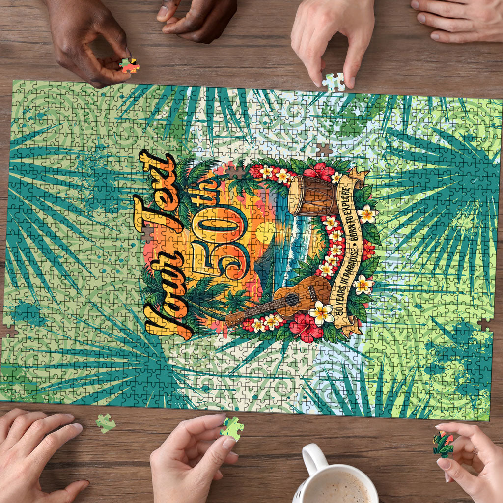 Personalized Polynesia 50th Birthday Puzzle Vintage Hawaiian Floral Ukulele Tropical Sunset Art