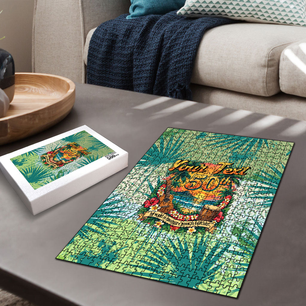 Personalized Polynesia 50th Birthday Puzzle Vintage Hawaiian Floral Ukulele Tropical Sunset Art