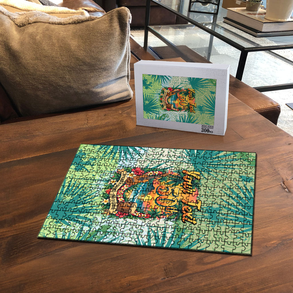 Personalized Polynesia 50th Birthday Puzzle Vintage Hawaiian Floral Ukulele Tropical Sunset Art