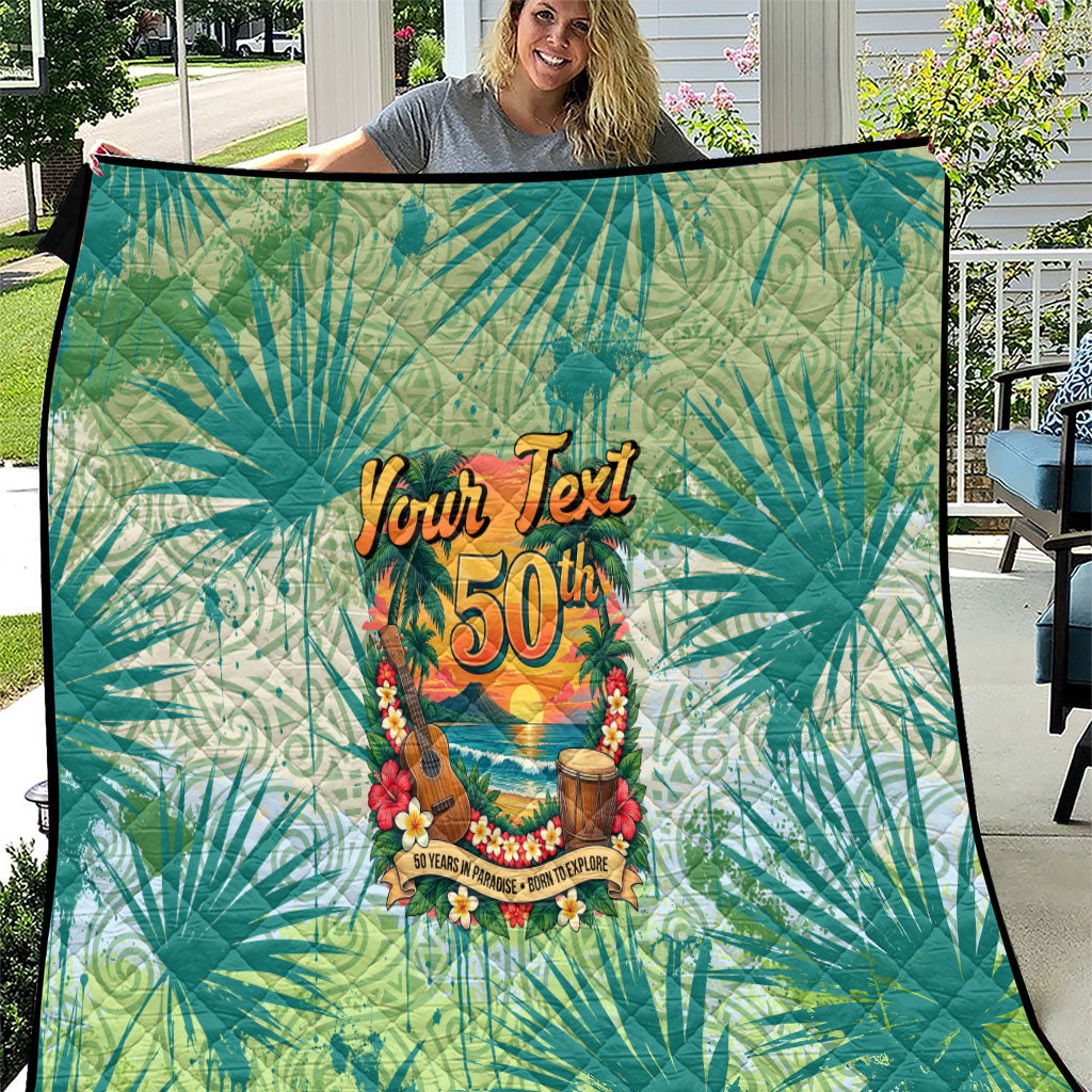 Personalized Polynesia 50th Birthday Quilt Vintage Hawaiian Floral Ukulele Tropical Sunset Art