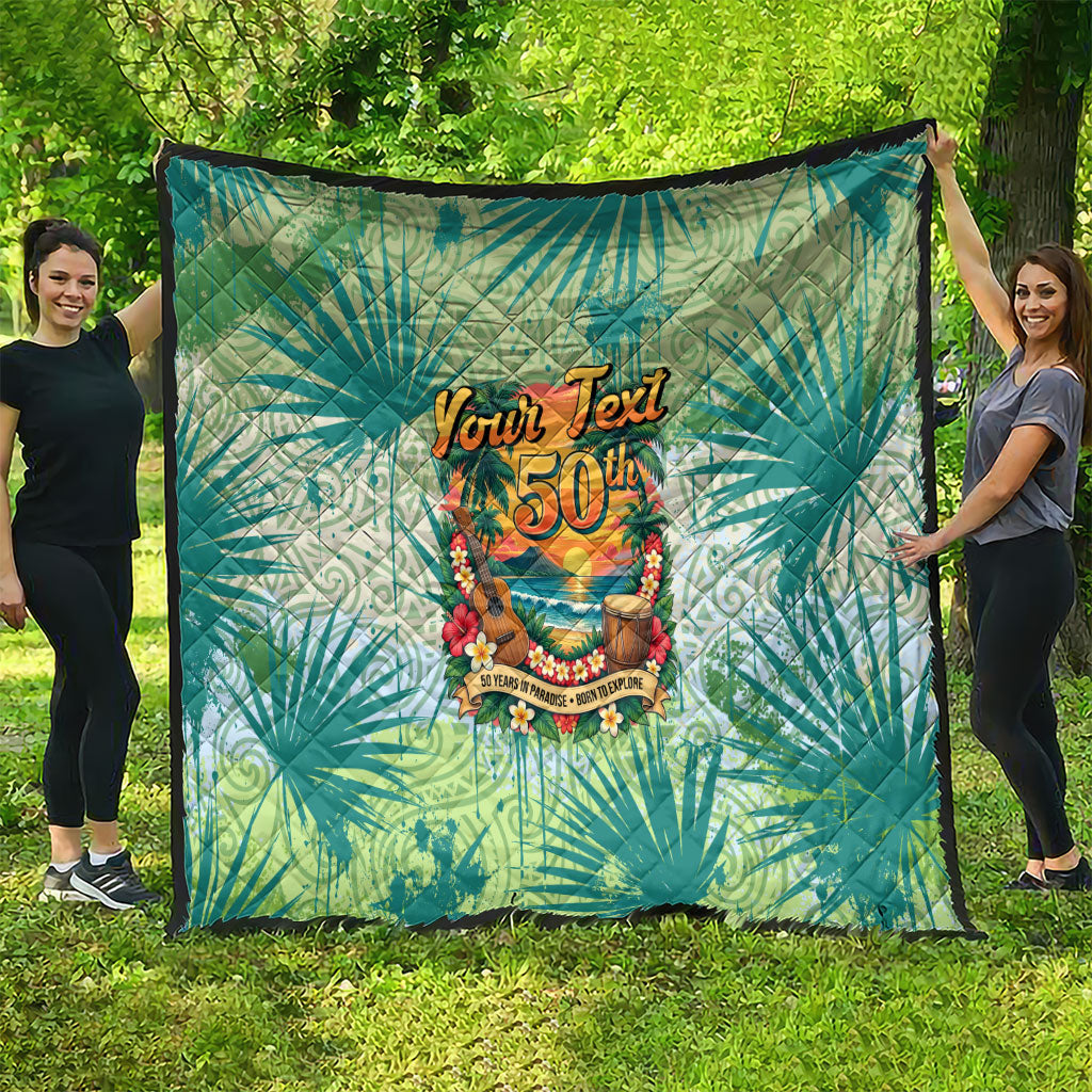Personalized Polynesia 50th Birthday Quilt Vintage Hawaiian Floral Ukulele Tropical Sunset Art